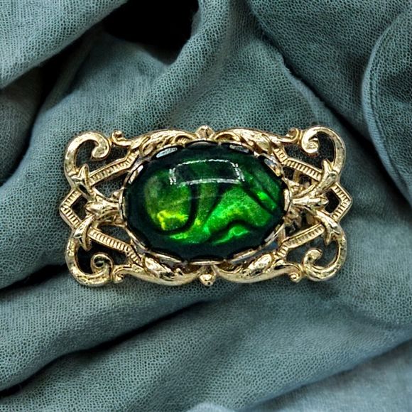Vintage Paua Shell Brooch Green Lucite Art Deco Scroll Frame Estate Jewelry Pin - Picture 2 of 9
